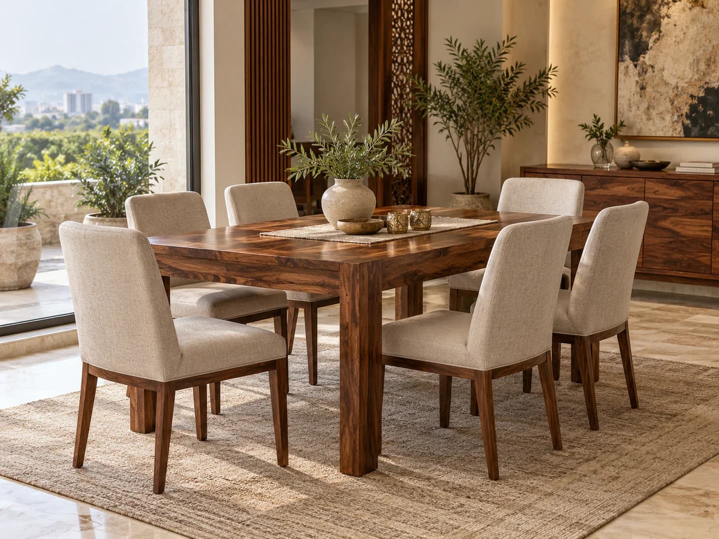 Six-seater solid wood dining table and chairs