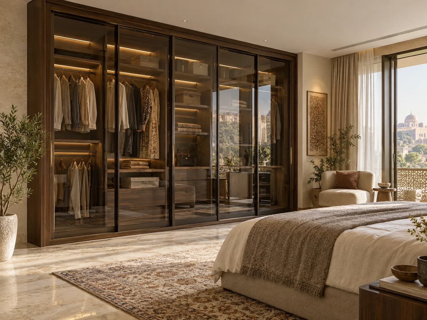 Sliding-door wardrobe with smooth engineered wood panels