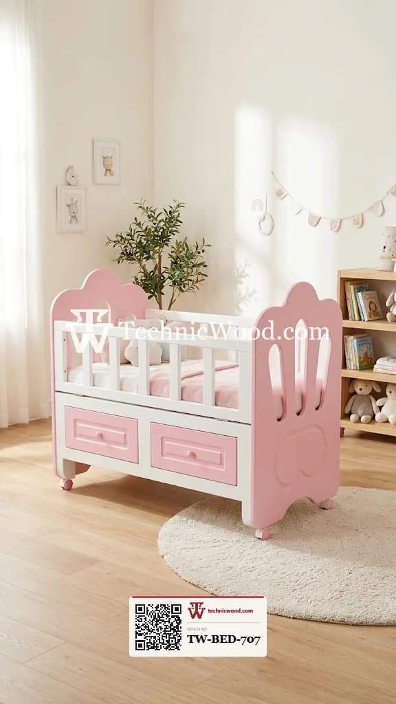 Baby Crib with Storage Drawers (Pink & White) – Beds (بیڈز)