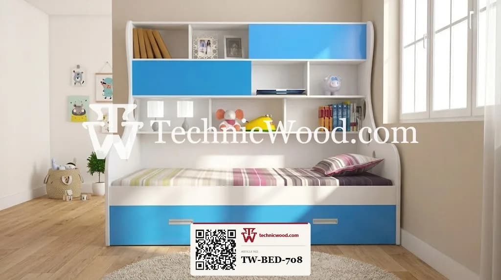 Kids Bed with Overhead Storage Shelves (Blue & White) – Beds (بیڈز)