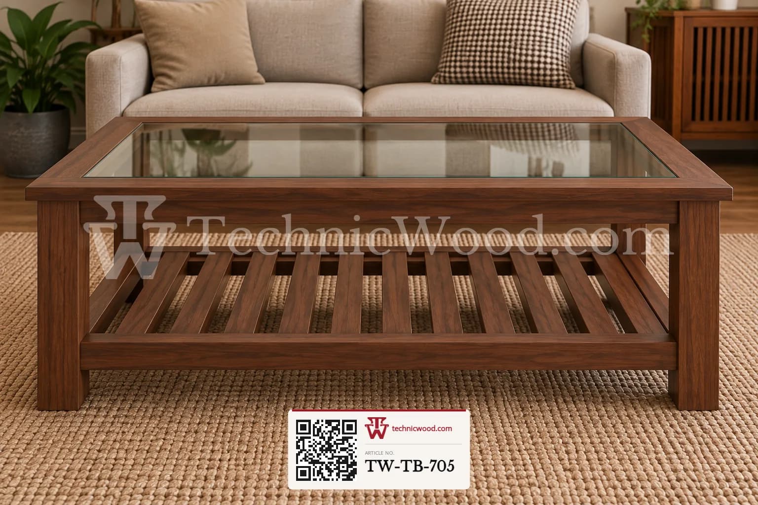Walnut Glass Top Coffee Table in Warm Living Room