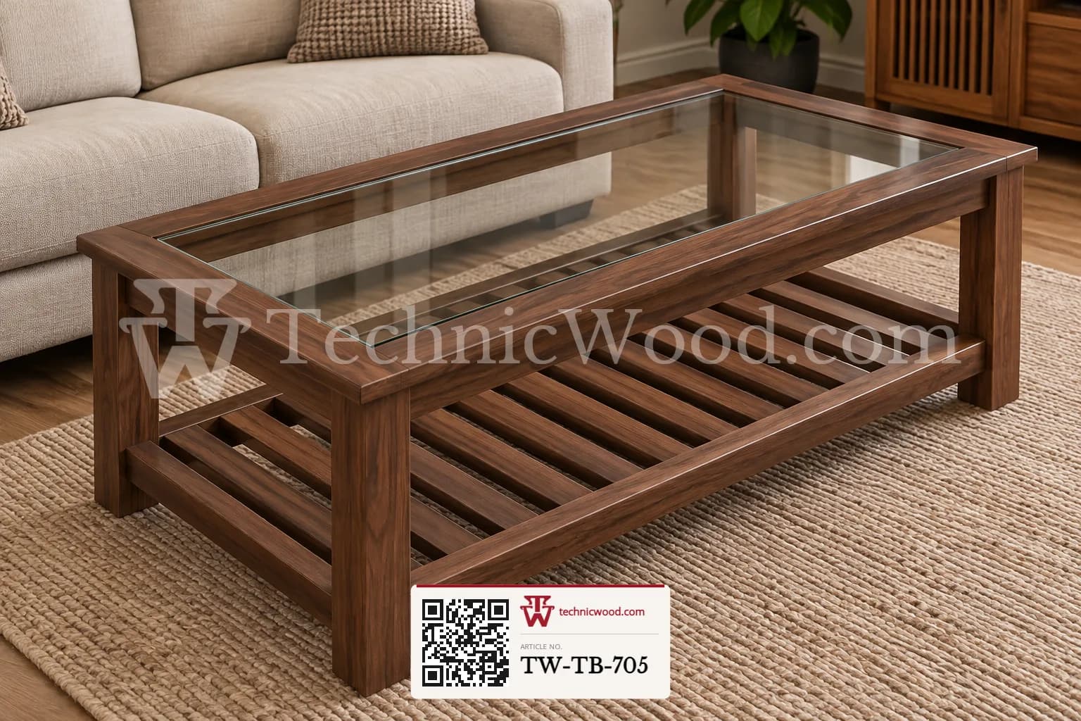 Walnut Glass Top Coffee Table in Cosy Living Room