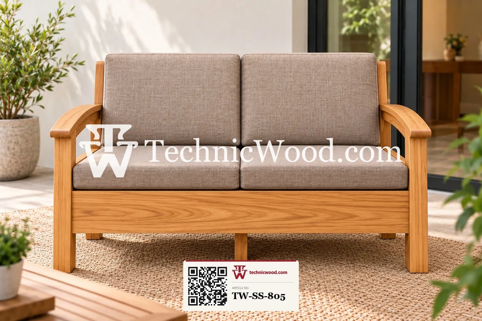Warm Teak Loveseat in Sunlit Patio tw