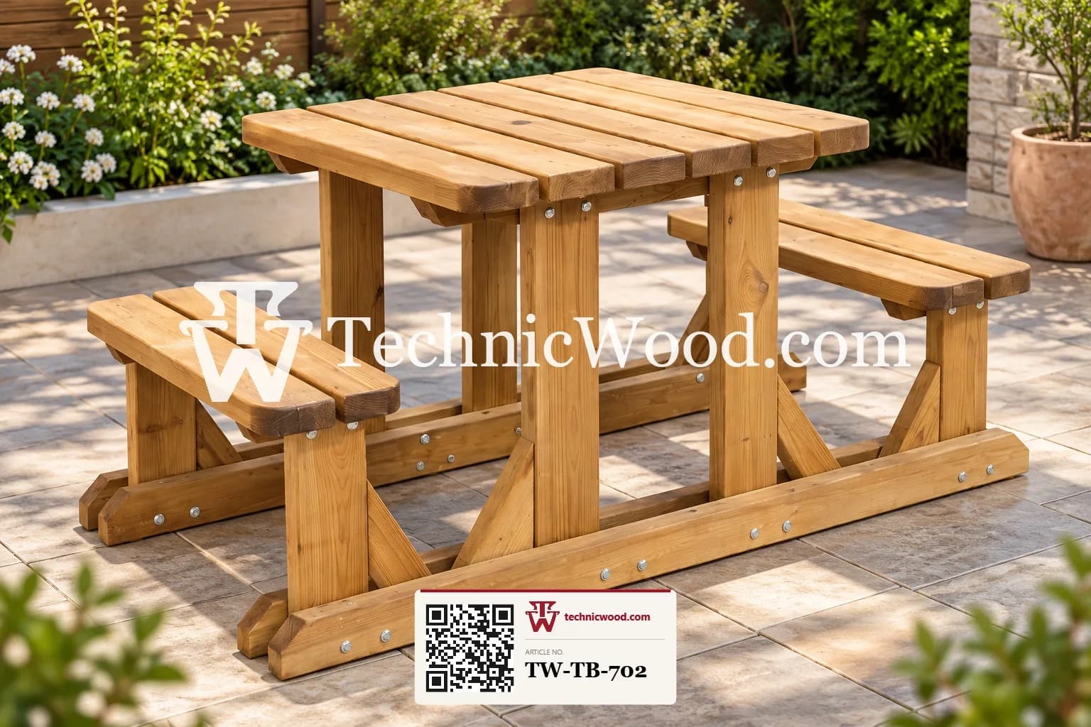 Rustic Wooden Picnic Table in Sunlit Garden tw