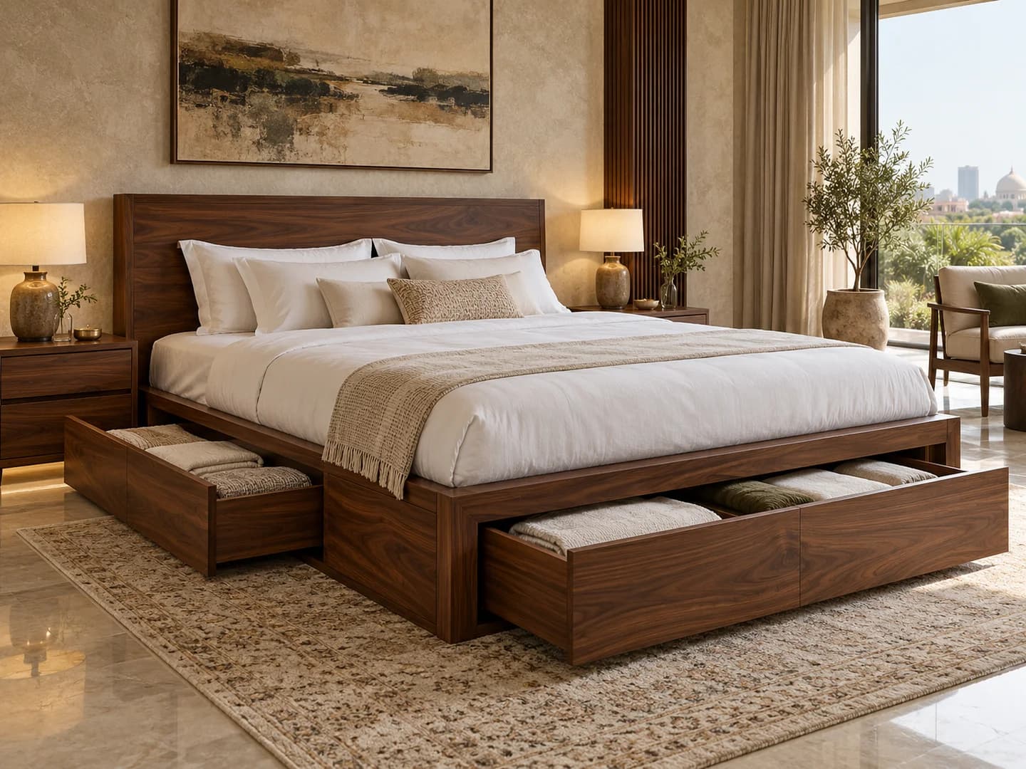 Dark walnut wood bed with smooth finish