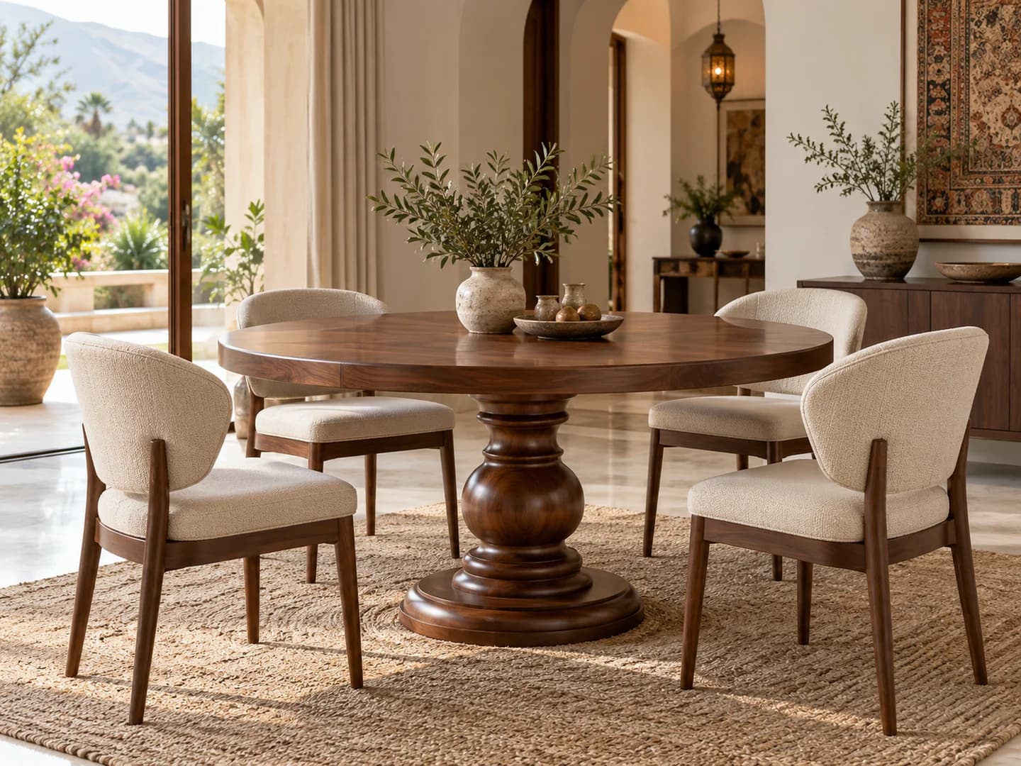 Round solid wood dining table with chairs