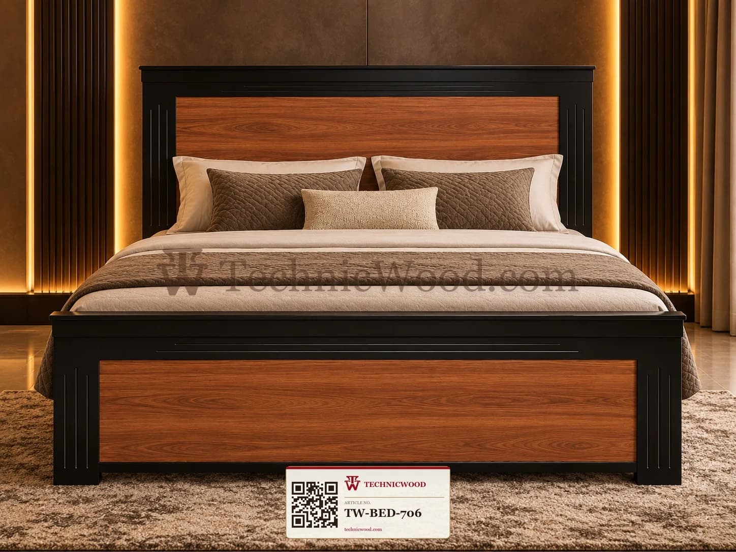 Black and Teak-Grain Panel Bed – Beds (بیڈز)