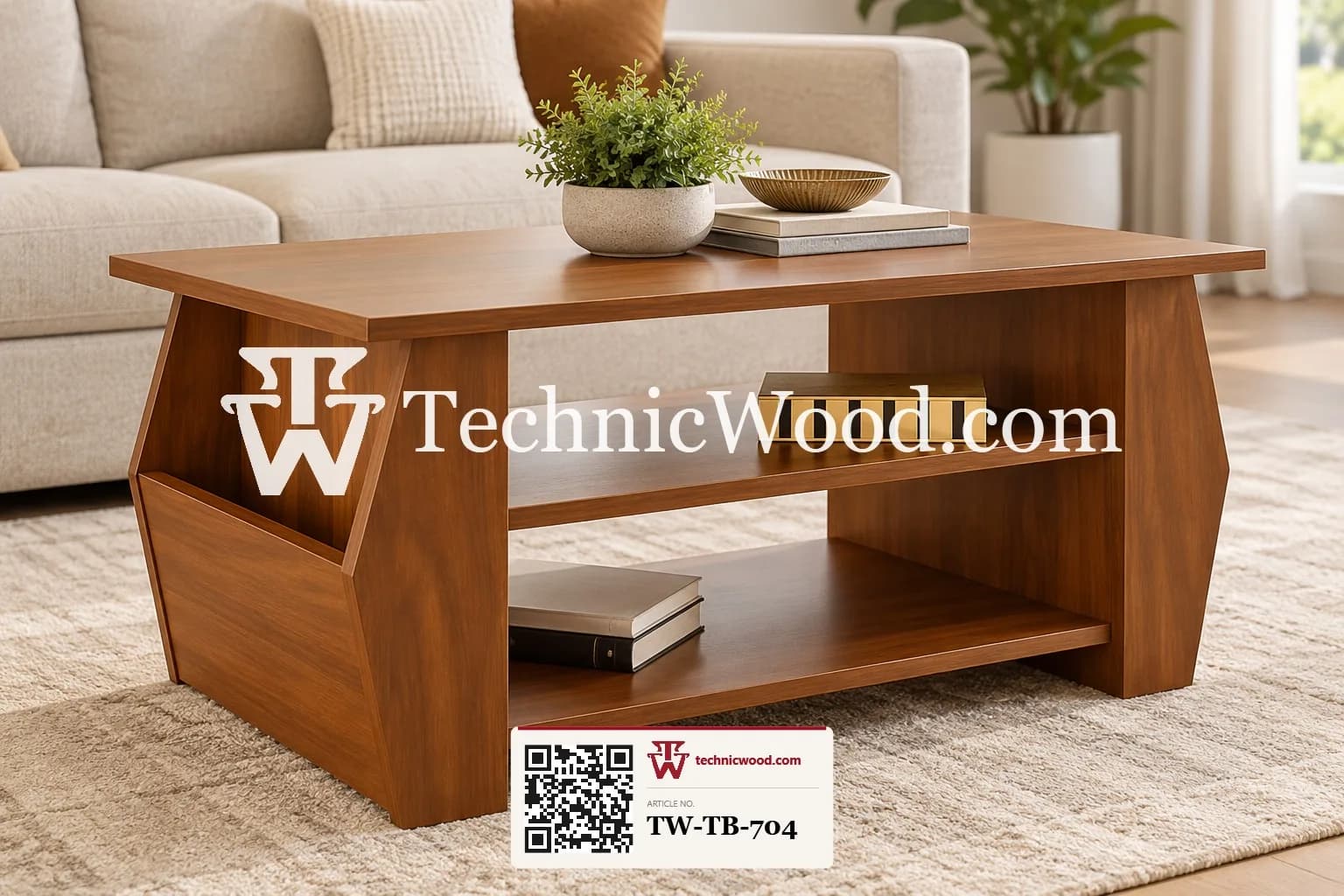 Modern Wooden Coffee Table with Double Storage Shelves – Tables (میزیں)